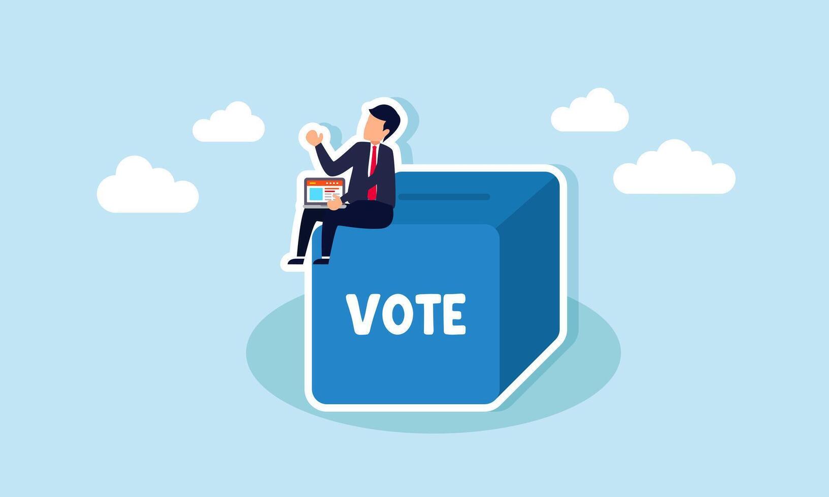 A businessman working on a laptop while sitting on a vote box, illustration of the digital input of data related to vote results vector