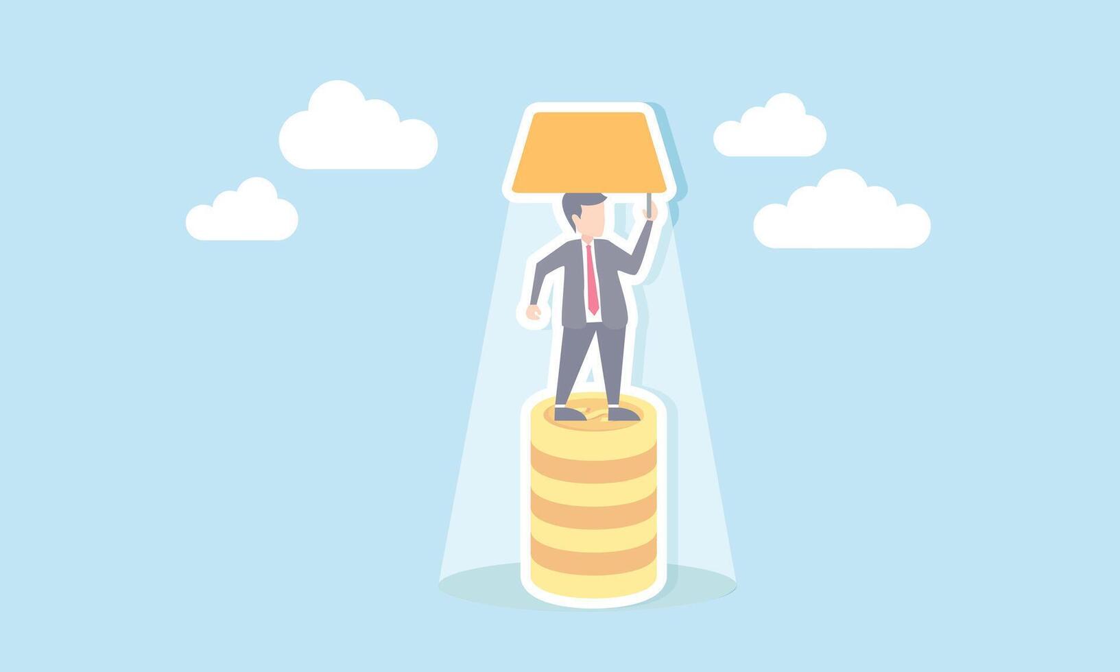 A businessman standing on a pile of coins turning on a light, illustrating the idea of generating more profit vector