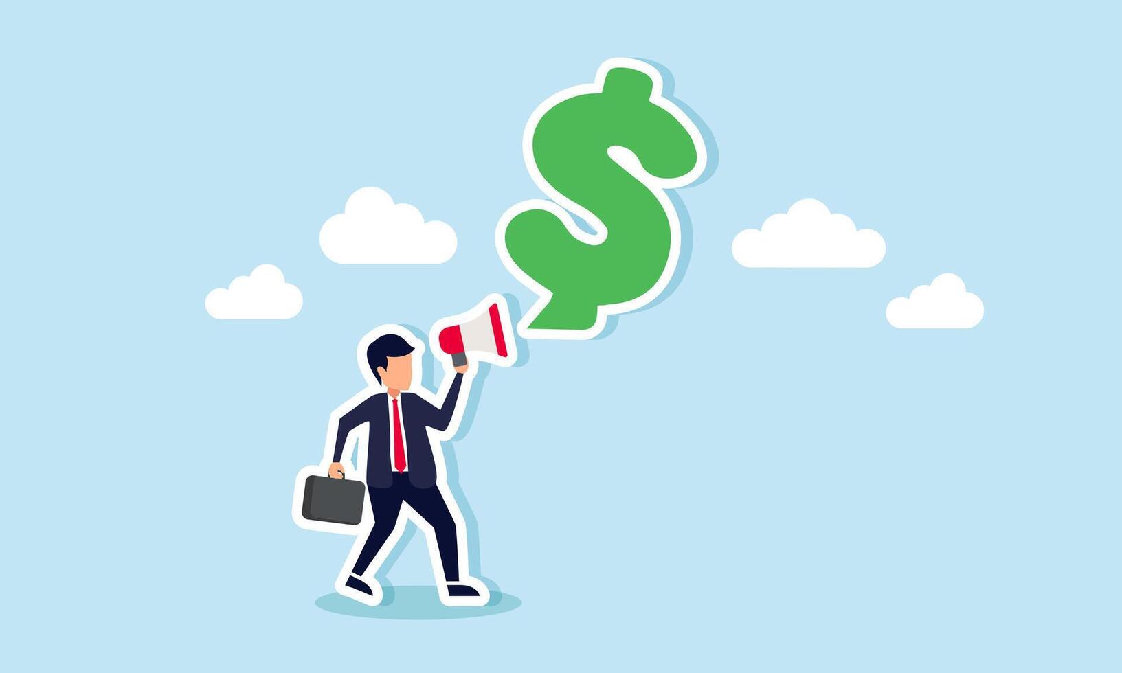 A businessman with a megaphone talking and showing a dollar speech bubble, illustrating an entrepreneurs promotion or campaign in managing investment capital vector