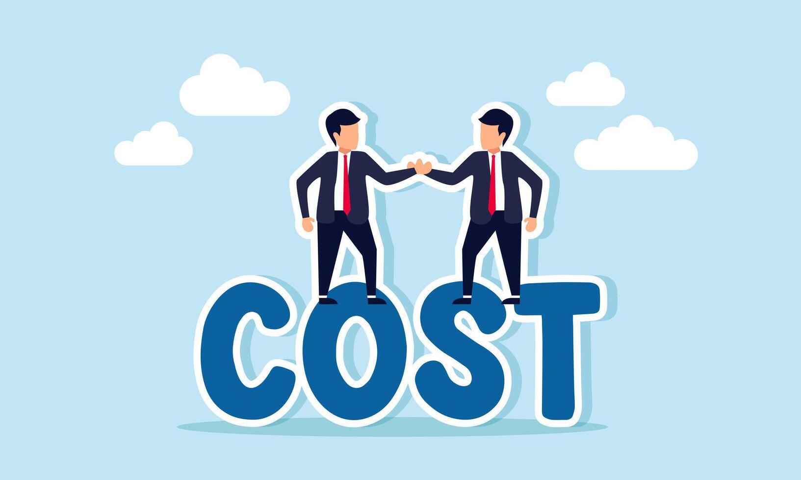A businessman shaking hands with a business partner on top of the word COST, illustrating a business agreement on expenses as capital to start a business or project vector
