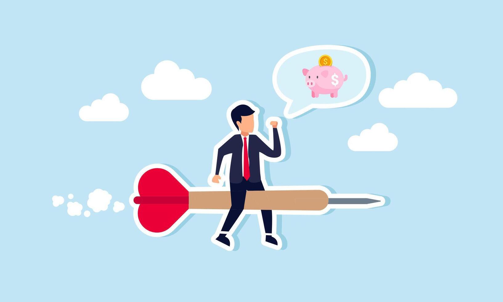 A businessman climbing the needle of a target board while imagining a piggy bank, illustrating focus on investment goals or increasing investment assets vector
