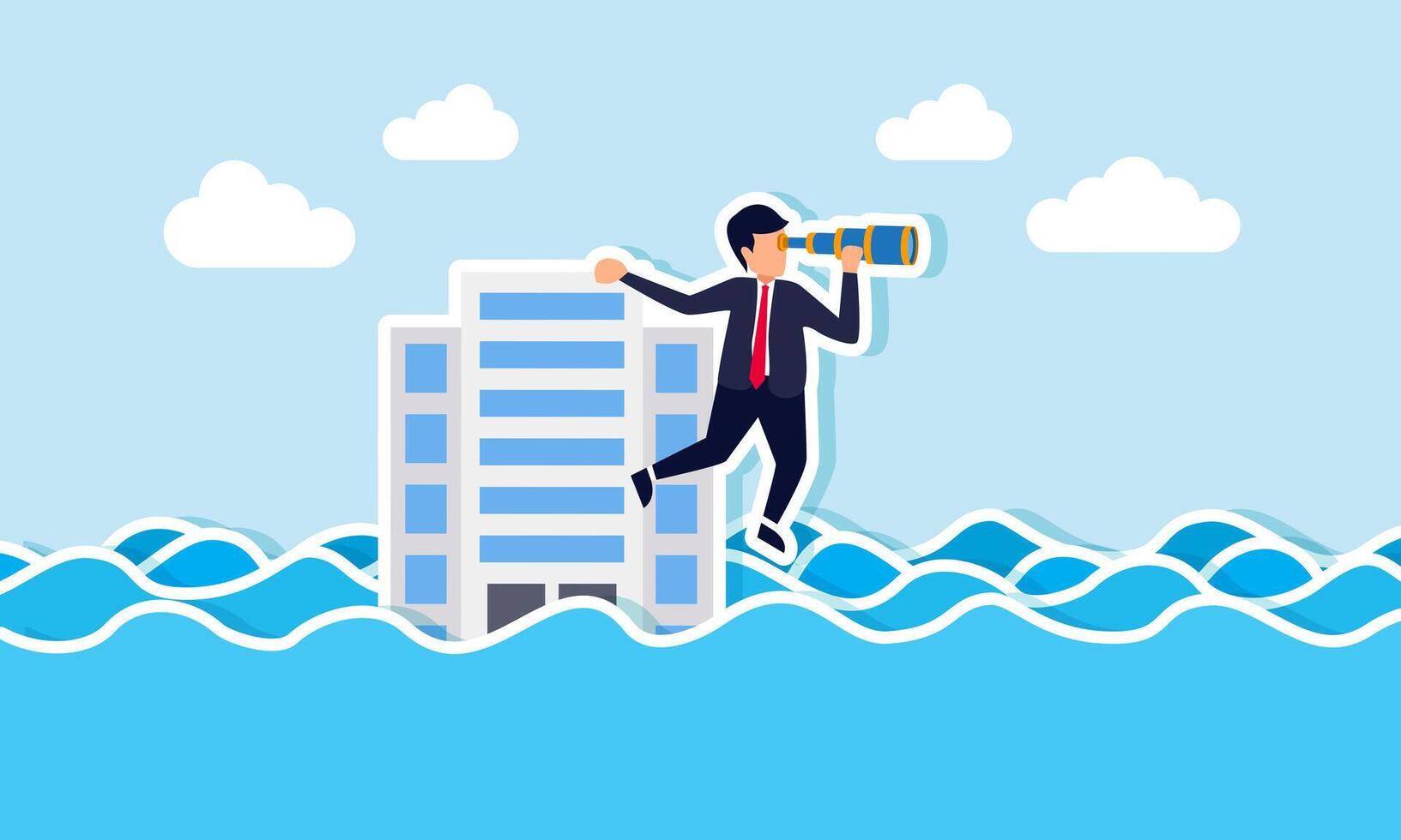 A businessman using a telescope while holding onto an office building submerged in floodwaters, illustrating an entrepreneur vision in analyzing a company problem vector