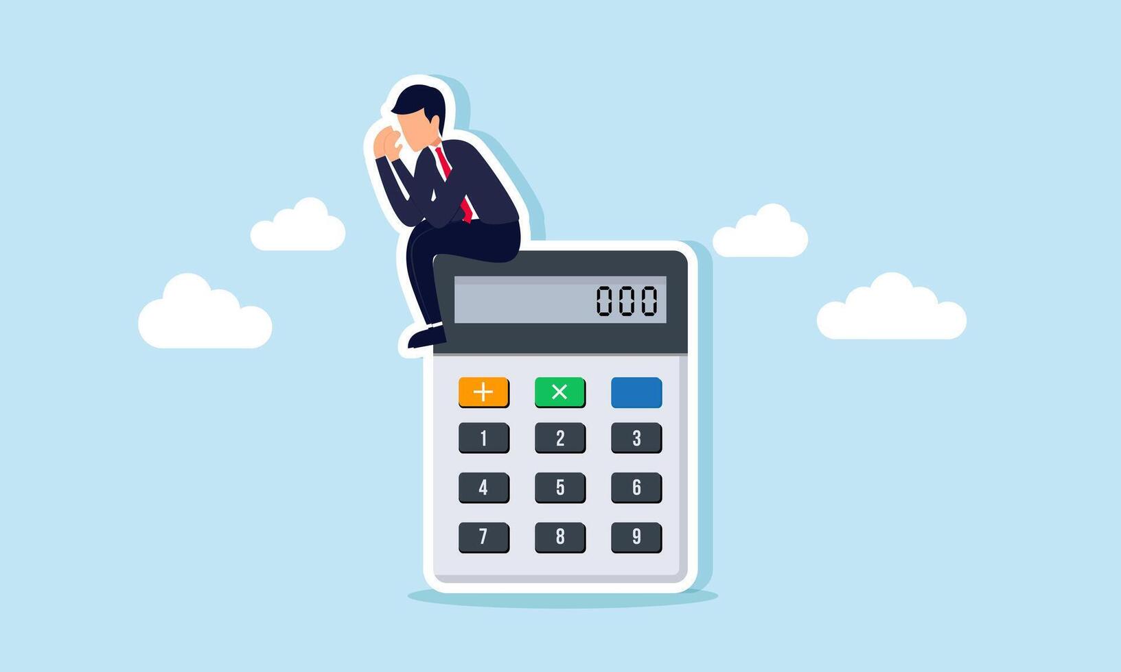 A businessman sitting sadly on a calculator, illustration of the failure in financial calculations for the company vector