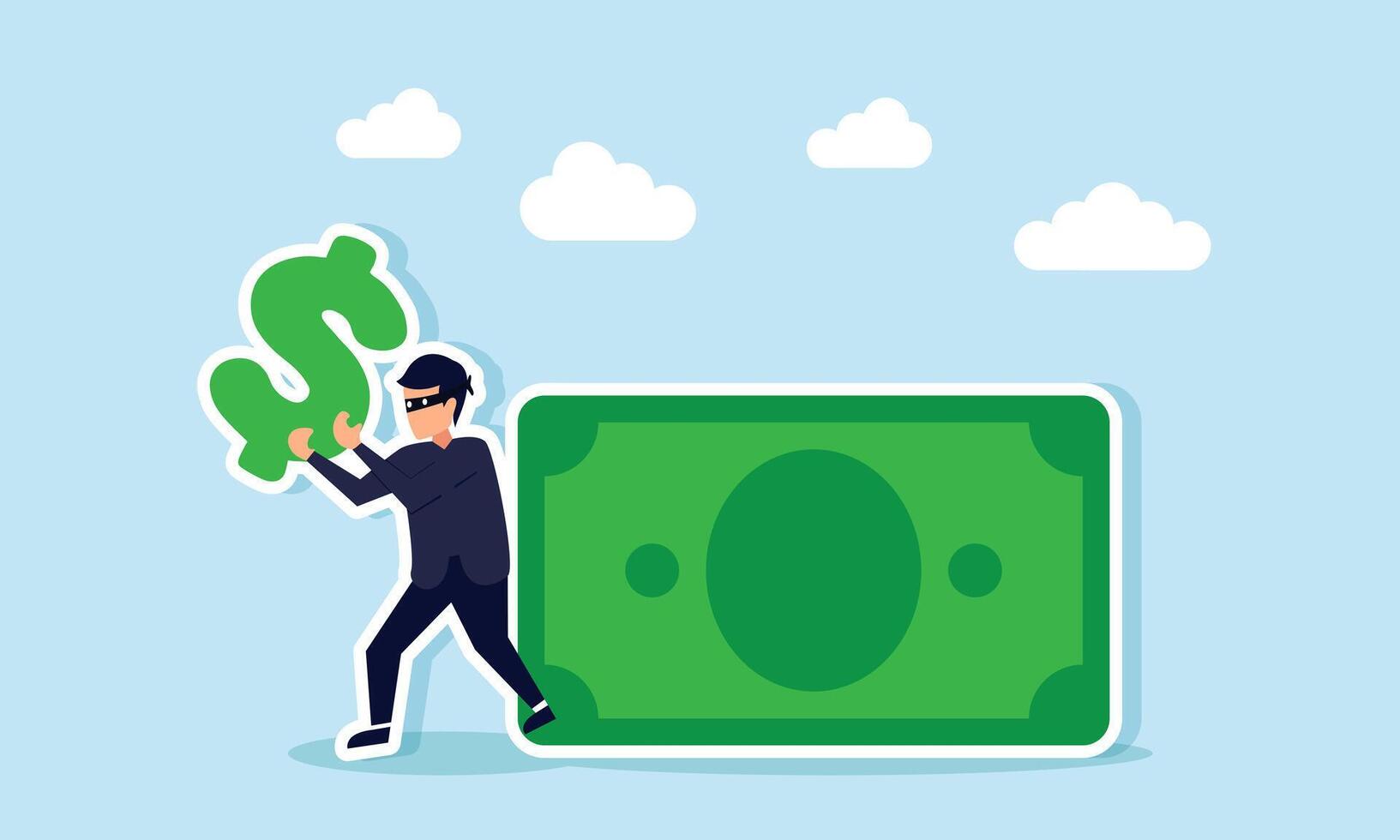A thief stealing the dollar symbol from money, illustration of fraud or deception in the dollar causing inflation vector