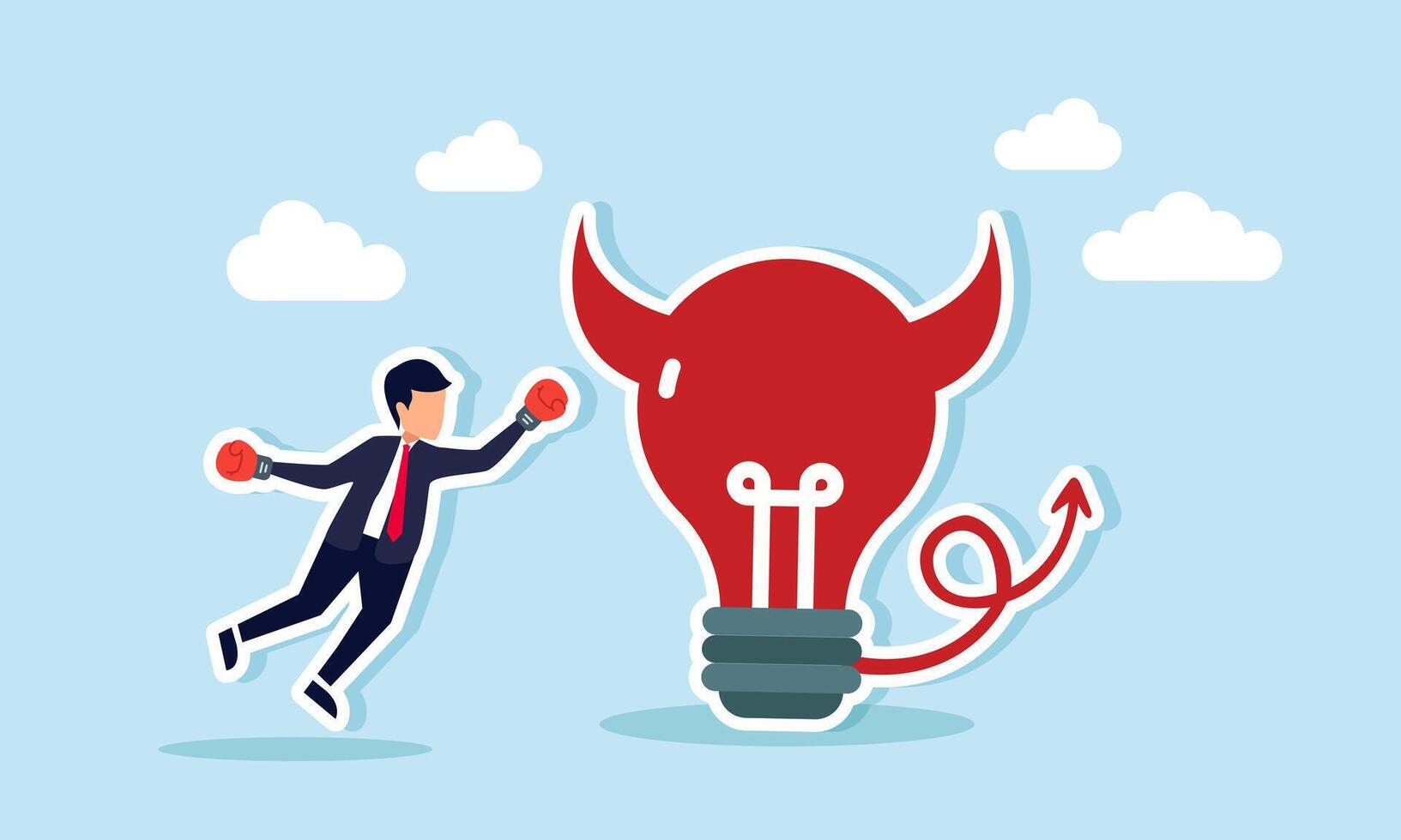 A businessman wearing boxing gloves trying to punch a red devil light, illustration of the effort to eliminate bad ideas or unethical methods in achieving business success vector