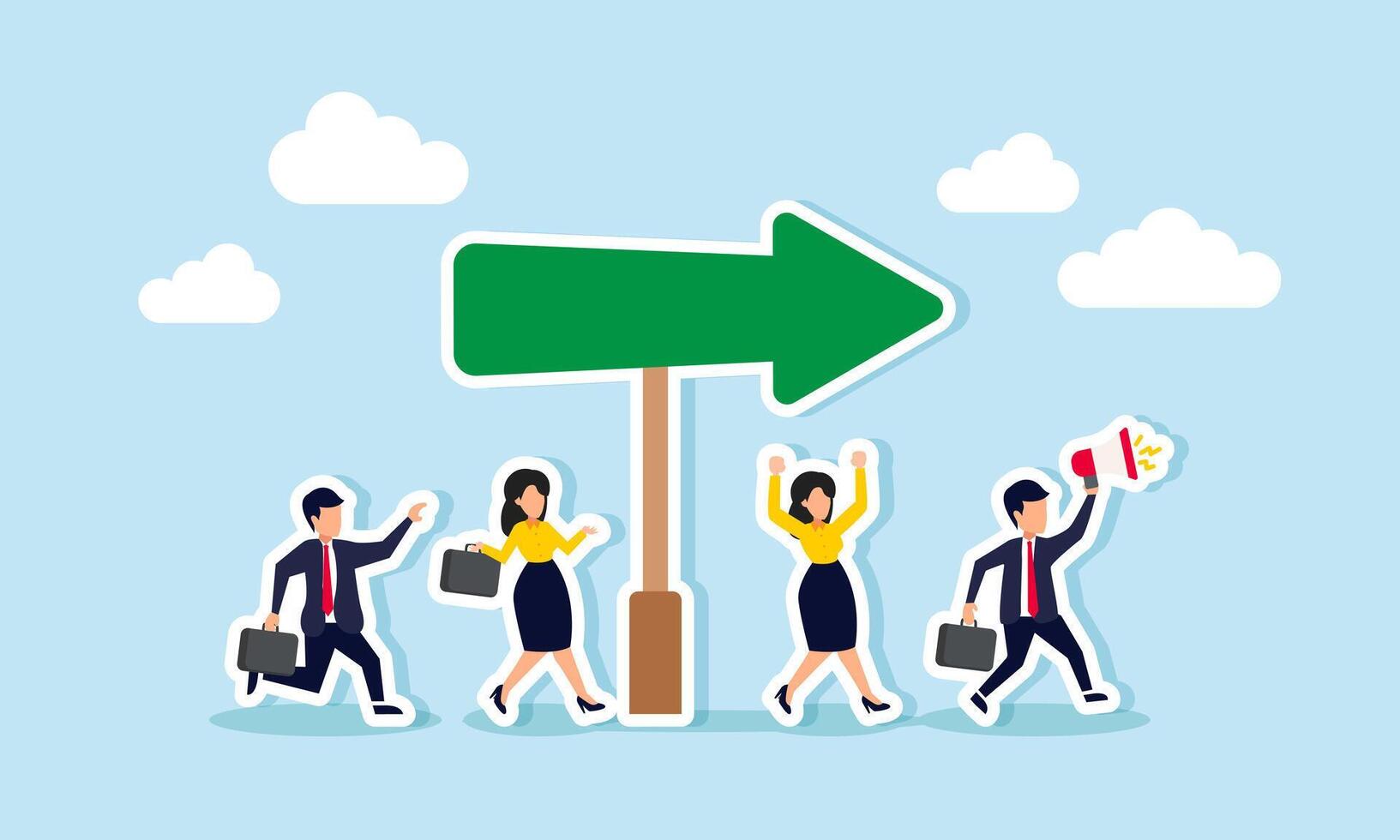 A group of businessmen or businesswomen walking towards a direction indicated by an arrow as a project marker, illustrating competition to secure a business project vector