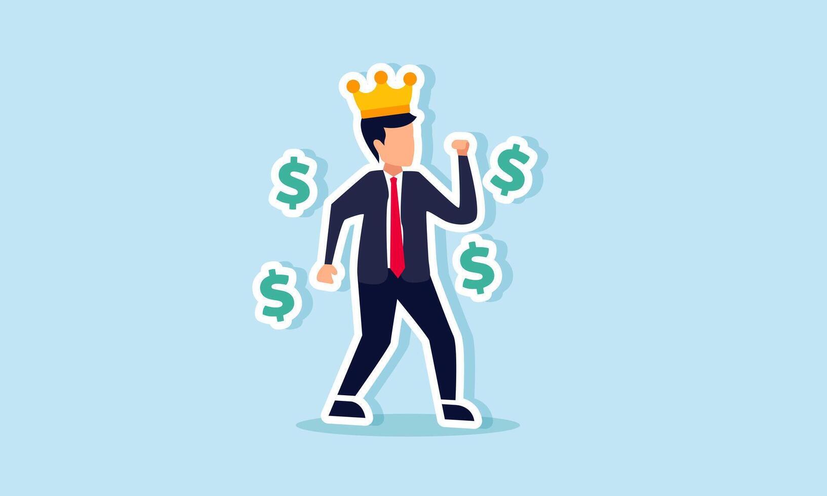 A business owner symbolized by a businessman wearing a crown feels excited with several dollar signs, illustration of increased profit and revenue from completed projects vector