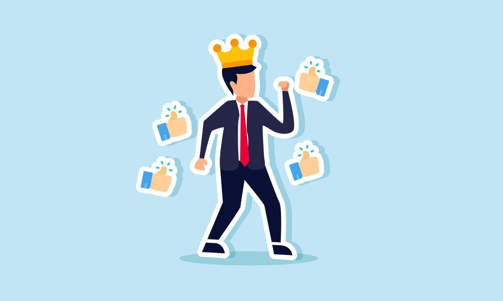 A business owner symbolized by a businessman wearing a crown feels excited with several thumbs up signs, illustration of appreciation and attention from partners and competitors for business vector
