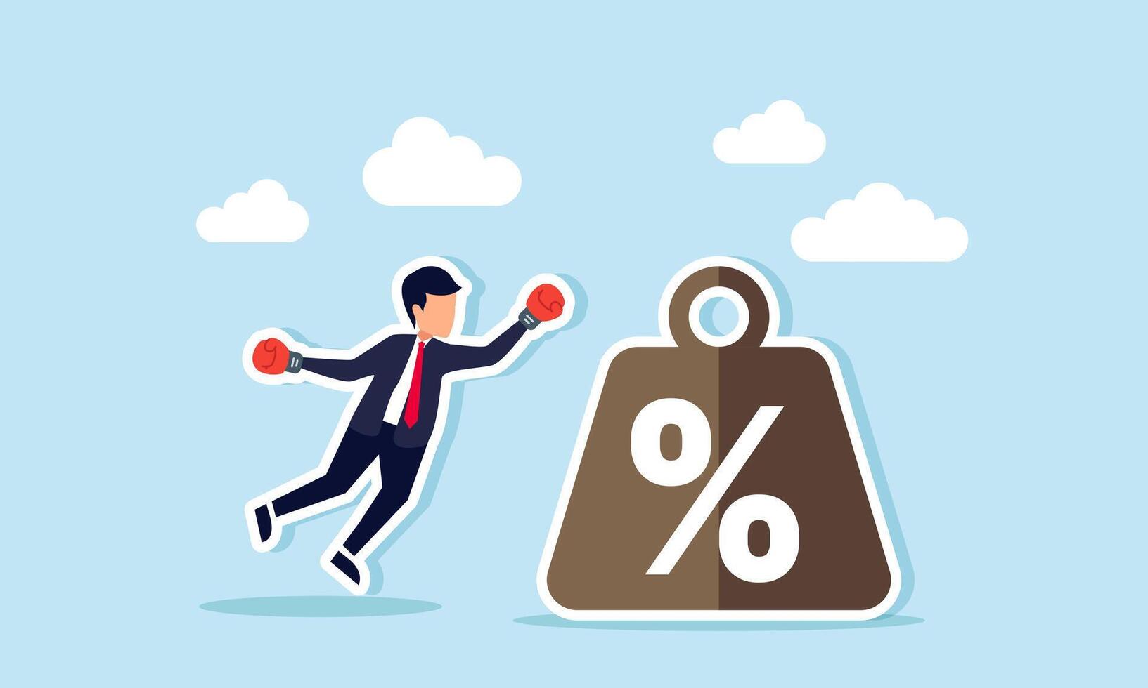A businessman wearing boxing gloves trying to punch a percentage weight, illustration of the effort to reduce a company expense percentage vector