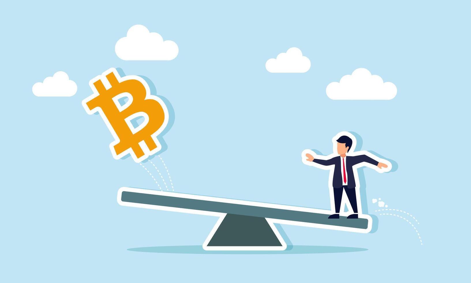 A businessman jumping on one side of a seesaw, causing bitcoin to bounce from the other side, illustrating the increase in bitcoin valuation due to market movement and demand vector
