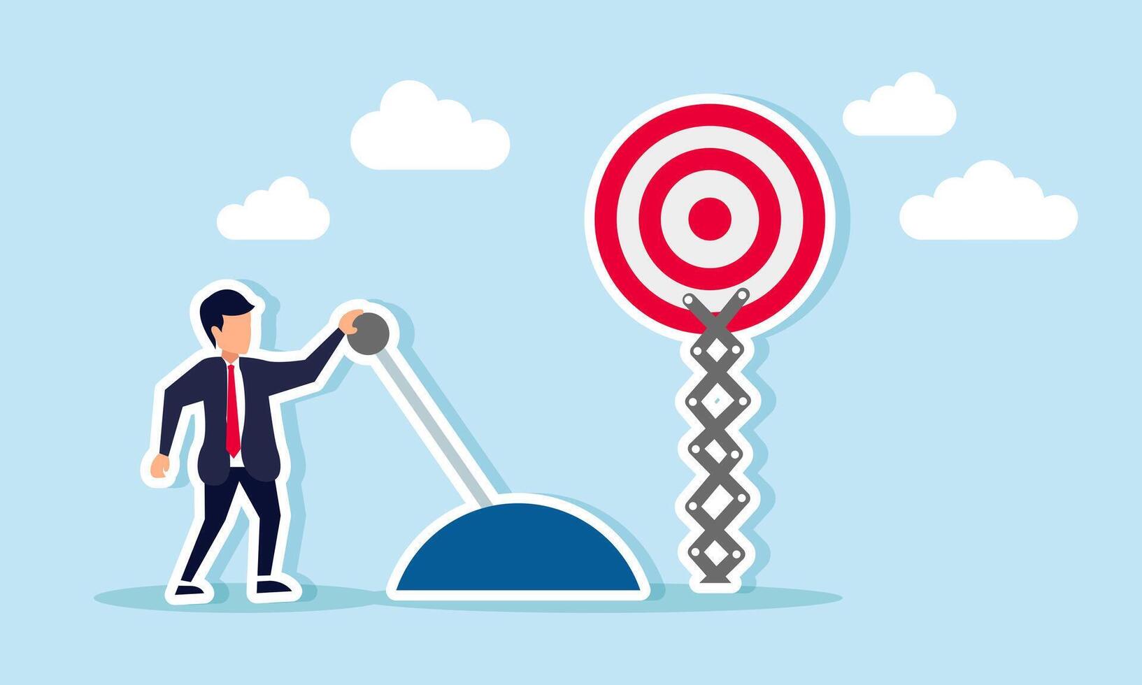 A businessman pulling a lever to raise a target board, illustration of the management of business goals to achieve the company objectives vector