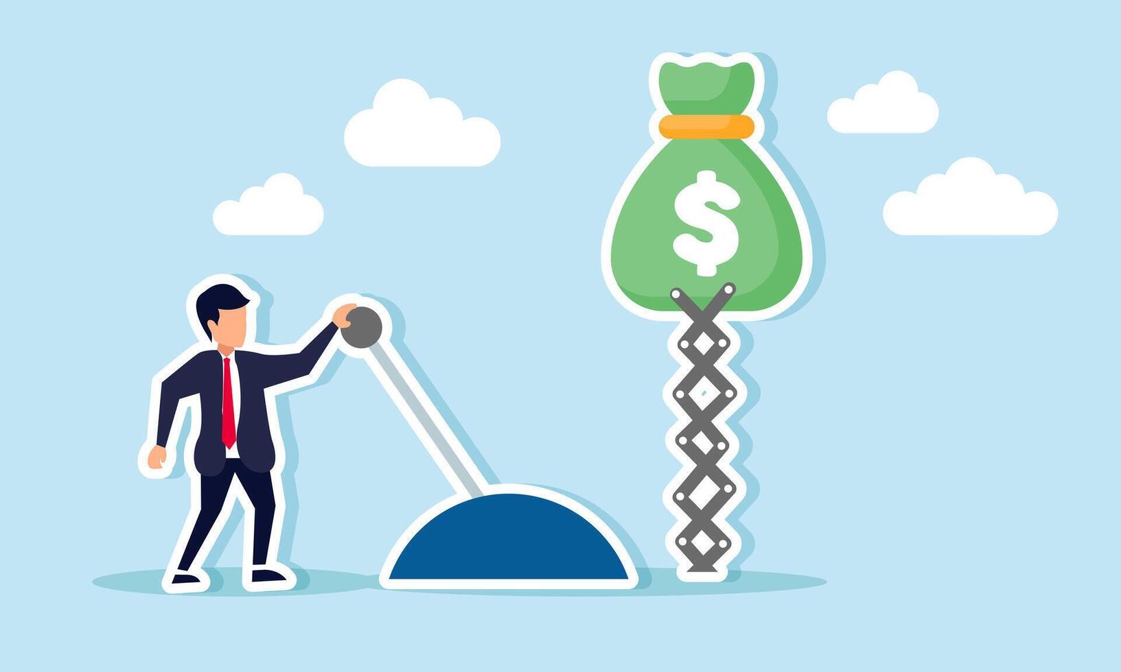 A businessman pulling a lever to raise a sack of dollar bills, illustration of how a businessperson can control the movement of dollar valuation vector