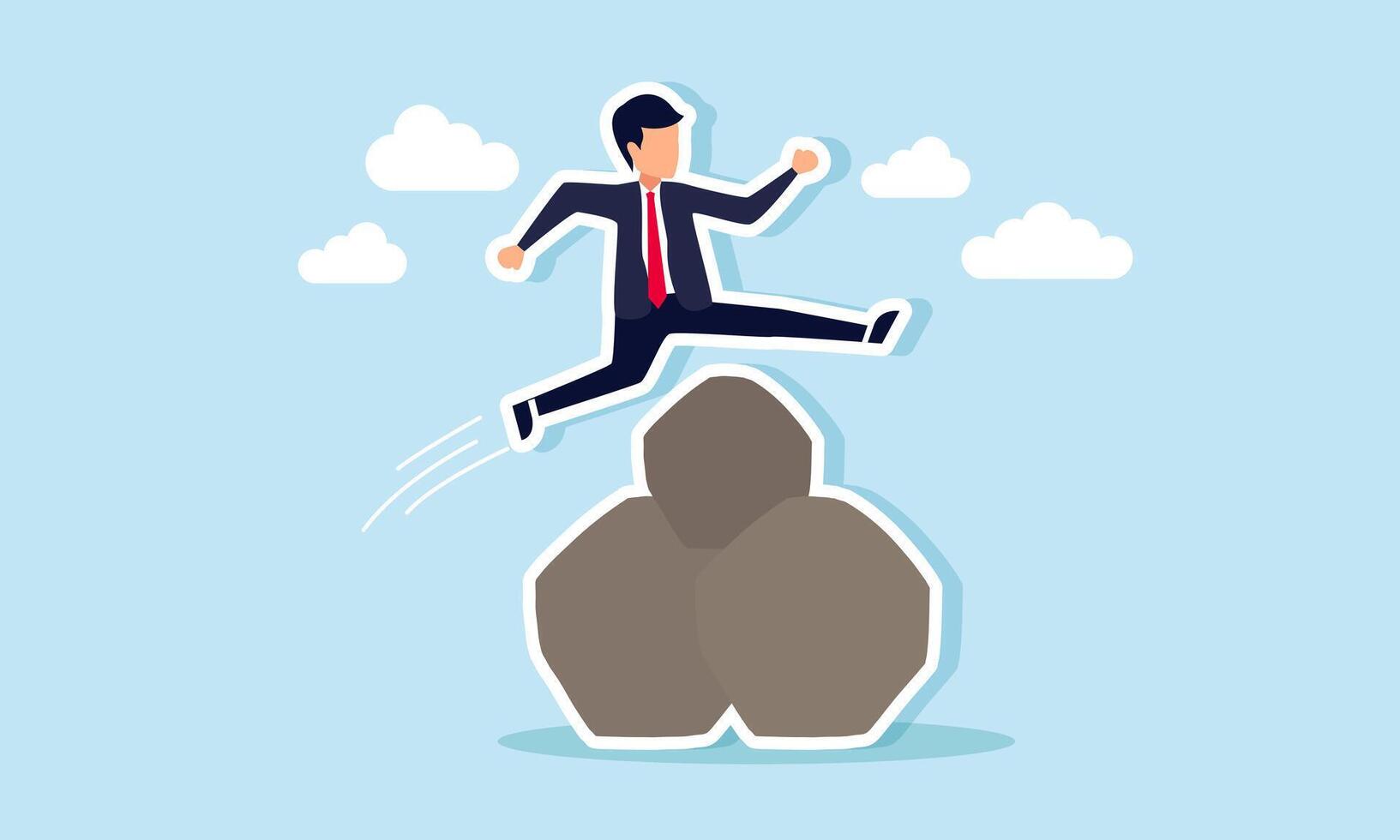 A businessman running and jumping over large boulders, illustrating overcoming obstacles and solving challenges vector