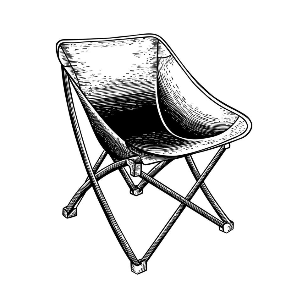 hand drawn black and white illustration of a folding camping chair vector