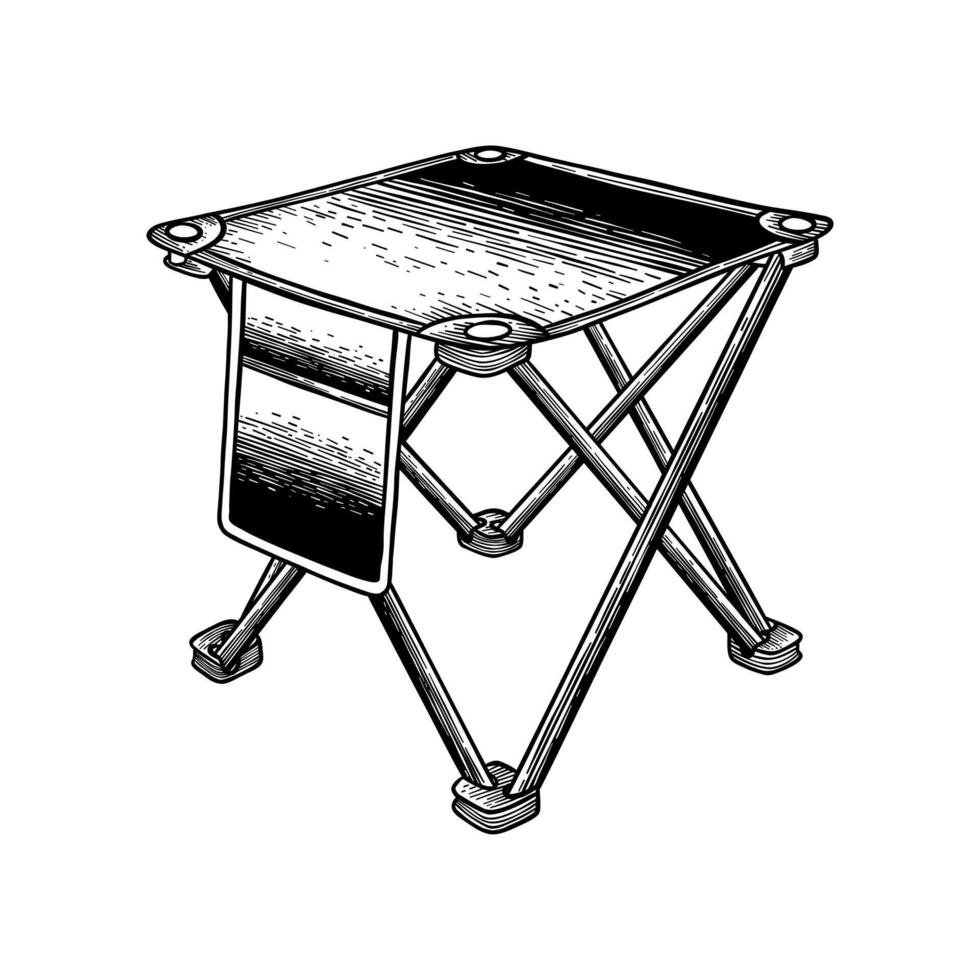 hand drawn black and white illustration of a camping table vector