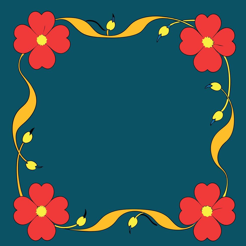 A square frame with red flowers and yellow ribbons vector