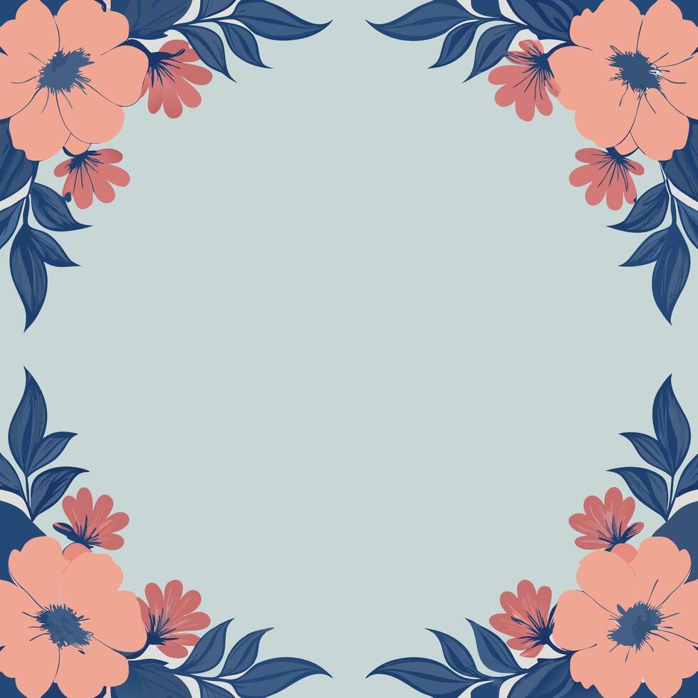 Floral frame with blue and pink flowers on a light blue background vector