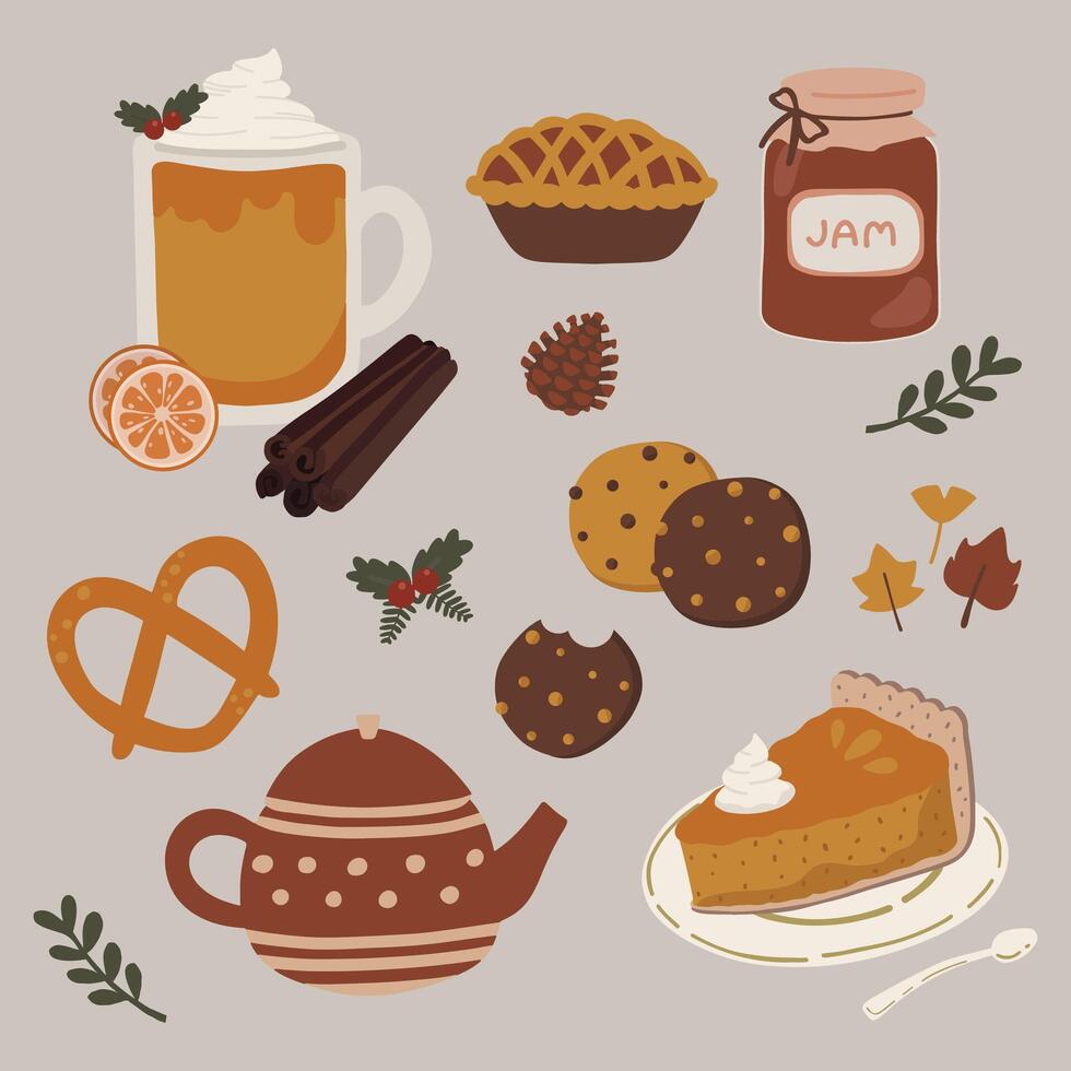 Hand drawn flat illustration of cute cozy autumn thanksgiving doodle elements. Set of pie, jam, cookie, pretzel, tea, pumpkin pie, drinks, pastry, cafe bakery. For poster, sticker, banner, artwork vector