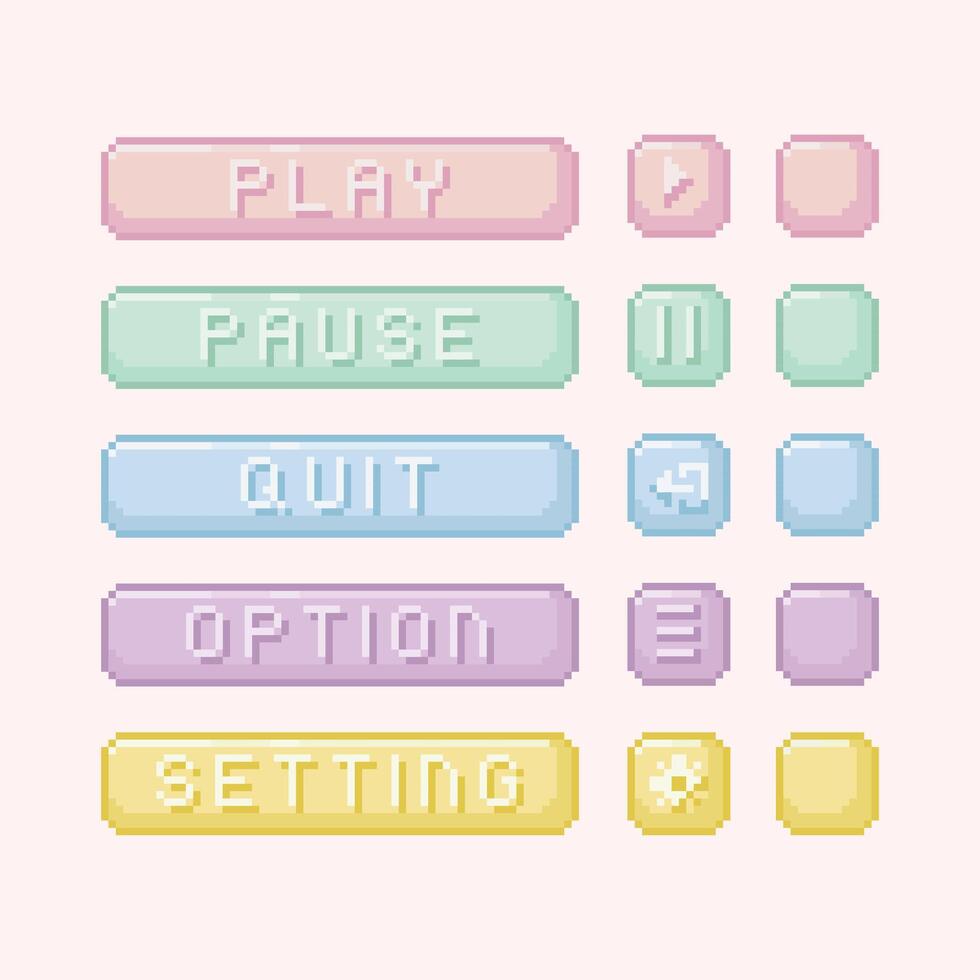 Pastel interface menu bar button 8 bit pixel art collection set. Computer game and icon for play, pause, quit, setting, option. For game development, mobile app, social media post vector