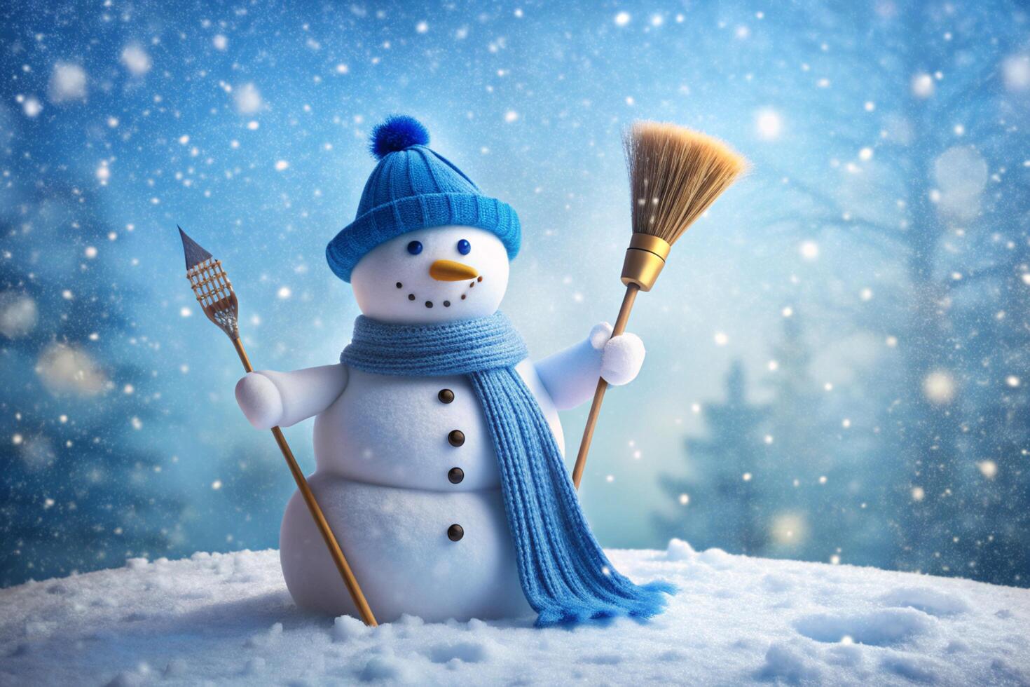 A snowman with a broom and hat in the snow photo