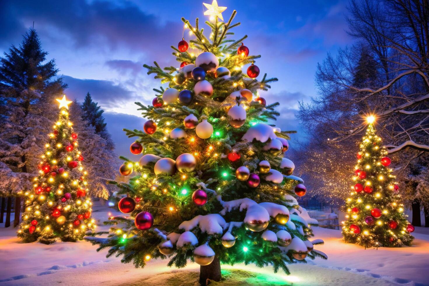 Christmas trees in the snow with lights photo