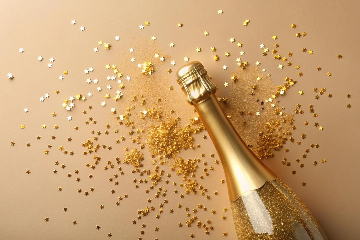 A bottle of champagne with gold confetti on a beige background photo