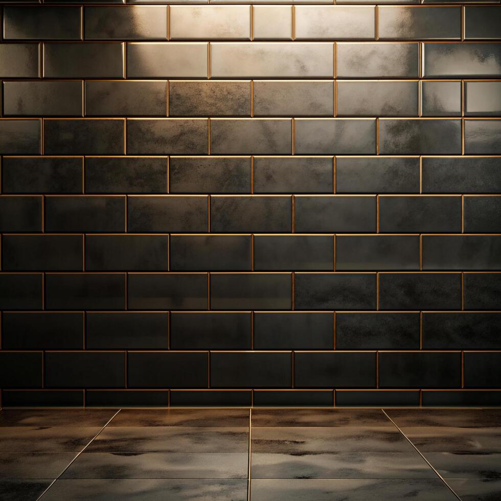 A dark room with a brick wall and a light photo