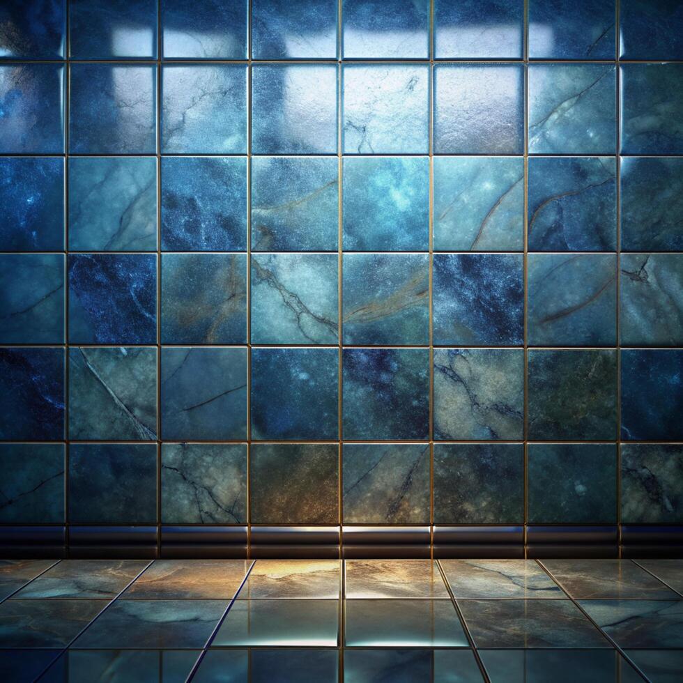A blue tiled wall with a light shining on it photo