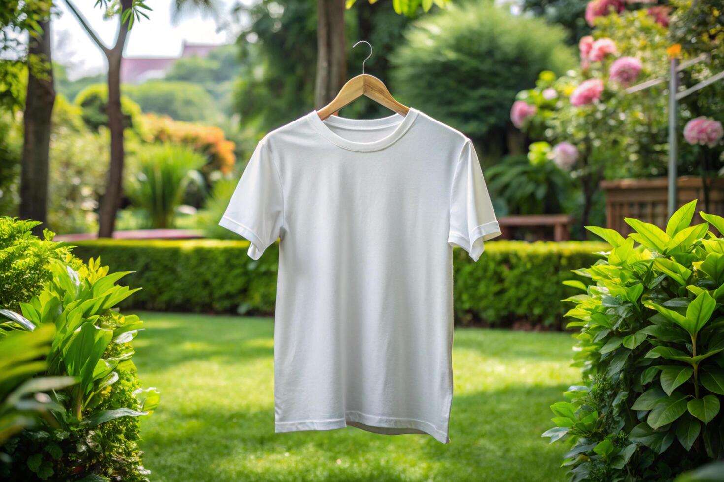 White t - shirt hanging on a clothesline in the garden photo