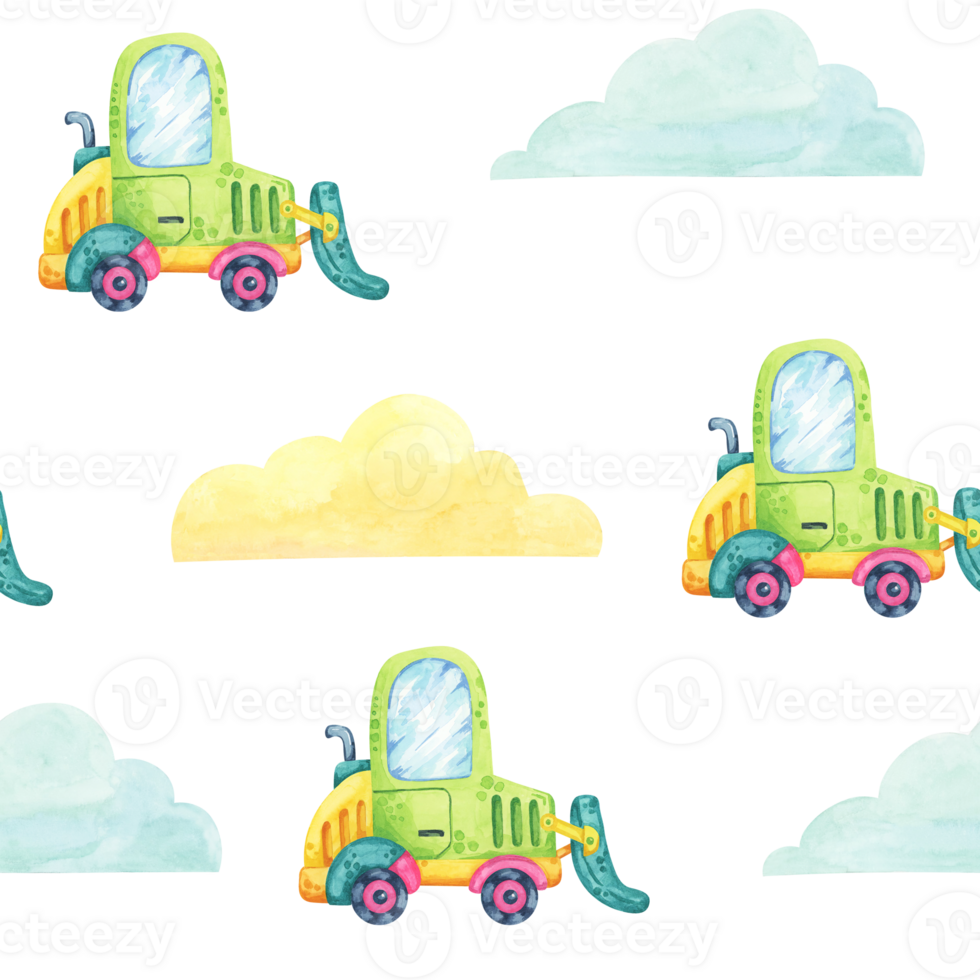 A whimsical green truck cartoon style, set against a soft cloud background. Seamless pattern watercolor clipart with sky and forklift for childrens fabric, wrapping paper, or nursery wall designs. png
