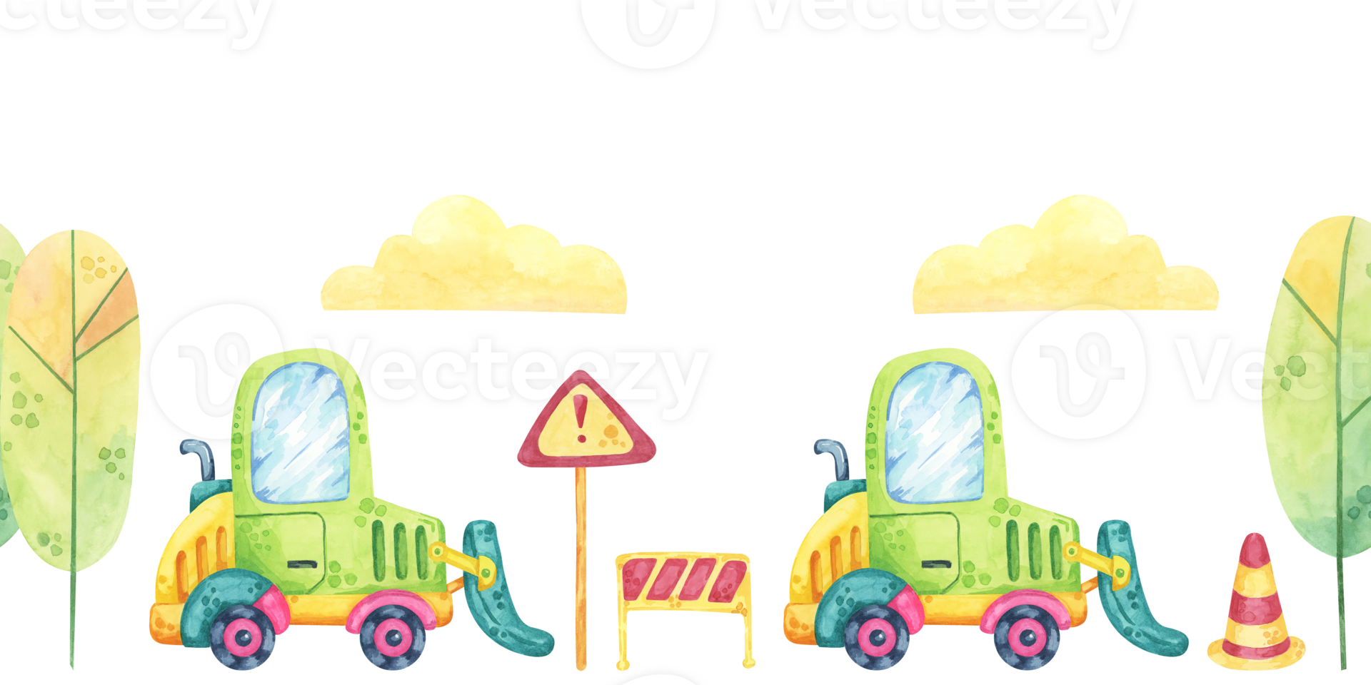 Excavator, warning signs, trees and clouds in watercolor. Construction site, roadworks seamless border clipart in cartoon style. Cute forklift car illustration for children's rooms, clothing or fabric png