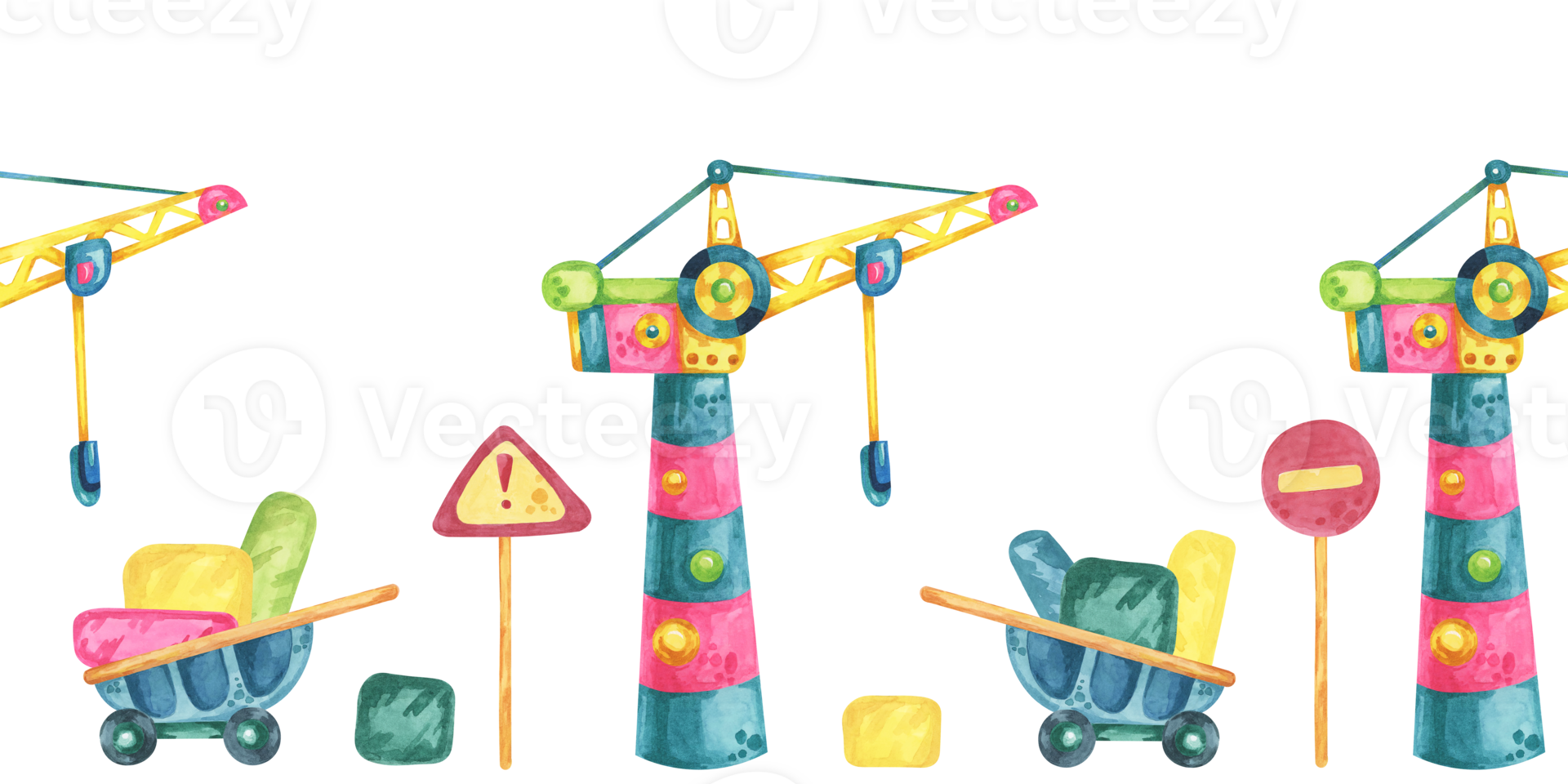 Tower crane, warning signs, wheelbarrow and building blocks in watercolor. Construction site seamless border clipart in cartoon style. Illustration for construction-themed designs, kids' room decor png