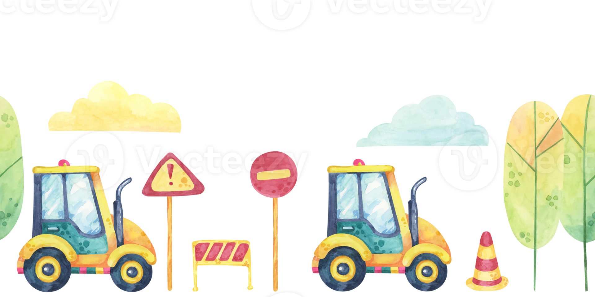 Tractor vehicle, no entry and warning signs, trees and clouds. Construction site seamless border clipart in cartoon style. Watercolor illustration of roadworks, building site for nursery, kids designs png