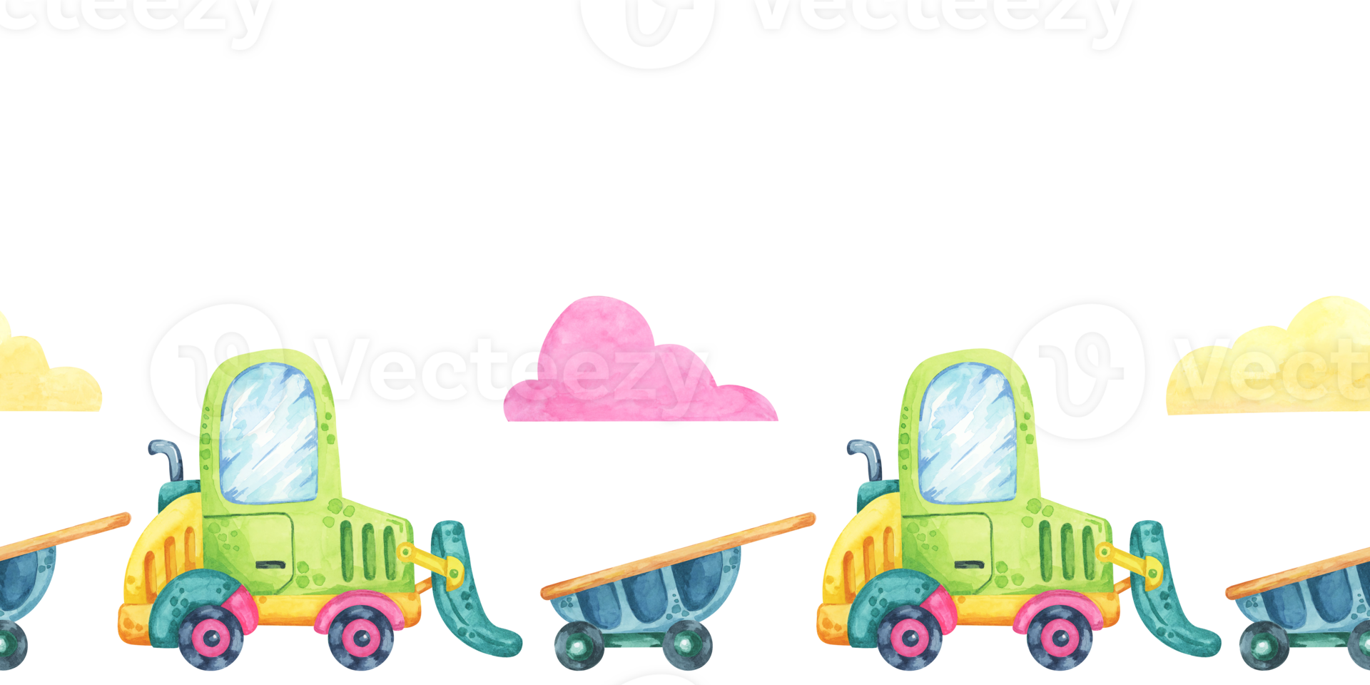 Excavator, wheelbarrow and clouds in watercolor. Construction site vehicles seamless border clipart in cartoon style. Cute building site car illustration for children's rooms, clothing or textile png