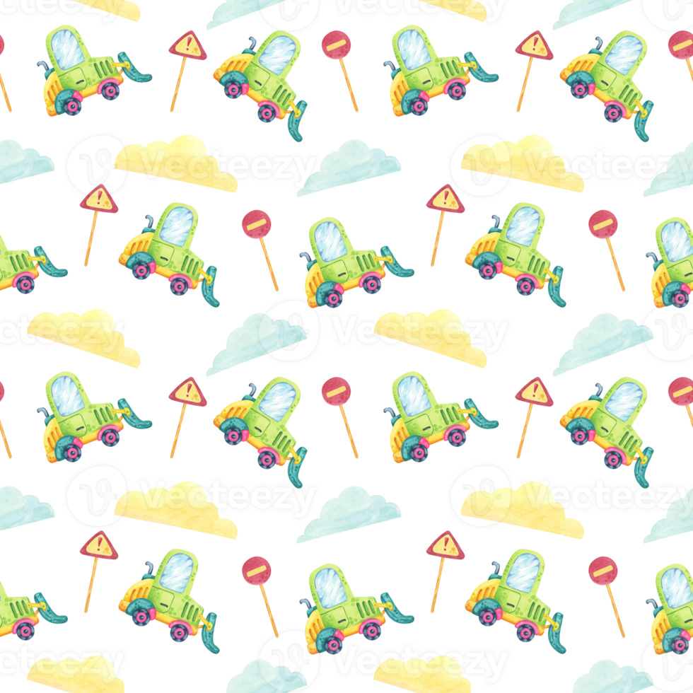 Green trucks with blue windows, yellow clouds, red and yellow road signs. Seamless pattern, watercolor clipart. Suitable for baby shower invitations, scrapbook backgrounds, and fabric prints png
