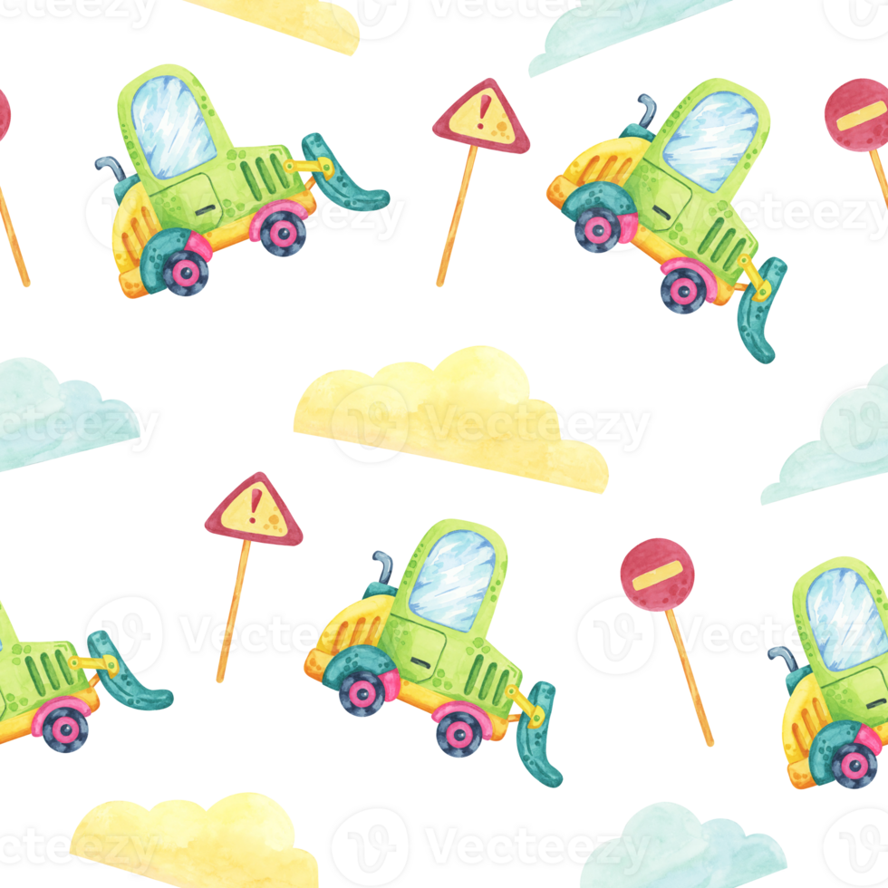 Green trucks with blue windows, yellow clouds, red and yellow road signs in cartoon style. Seamless pattern, watercolor clipart. Great for kids textiles, nursery decorations, and party supplies png