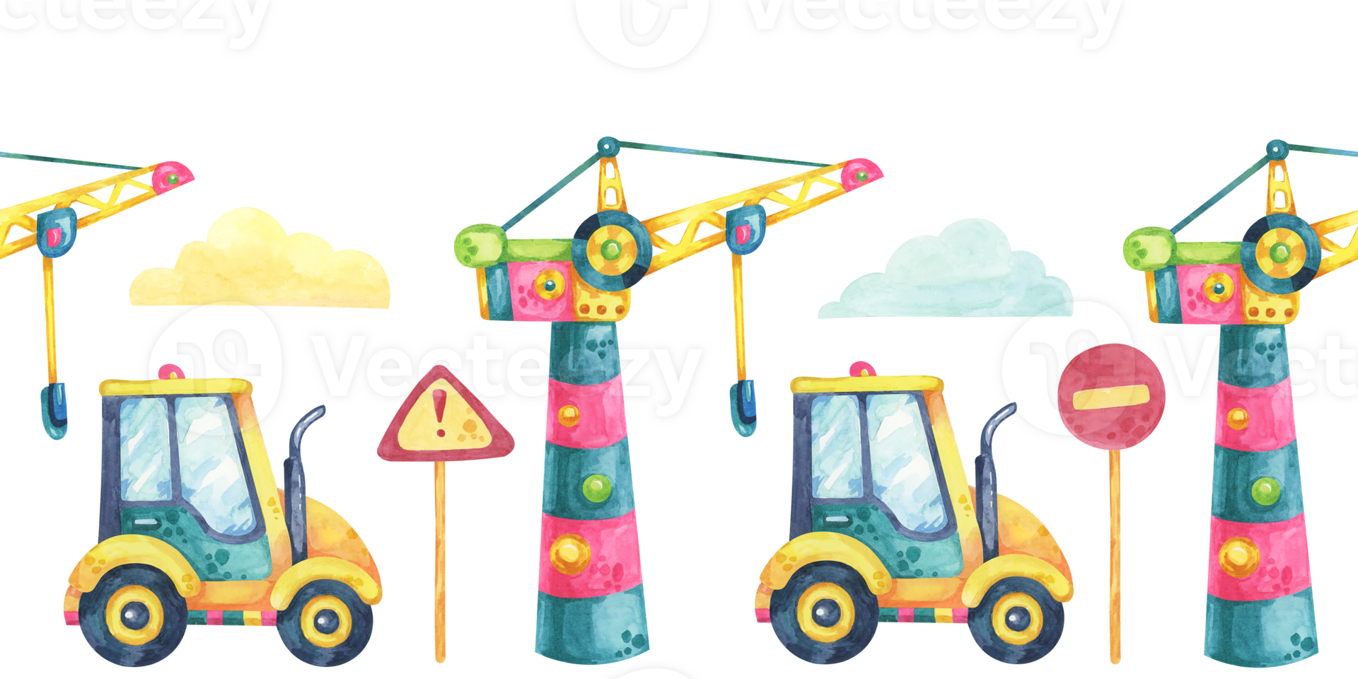 Tractors, Tower crane, clouds and warning signs in watercolor. Construction site seamless border clipart in cartoon style. Isolated Illustration for construction-themed designs, children's clothes png