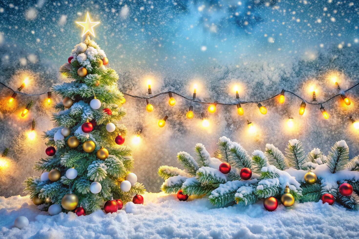 Christmas tree with lights and decorations in the snow photo