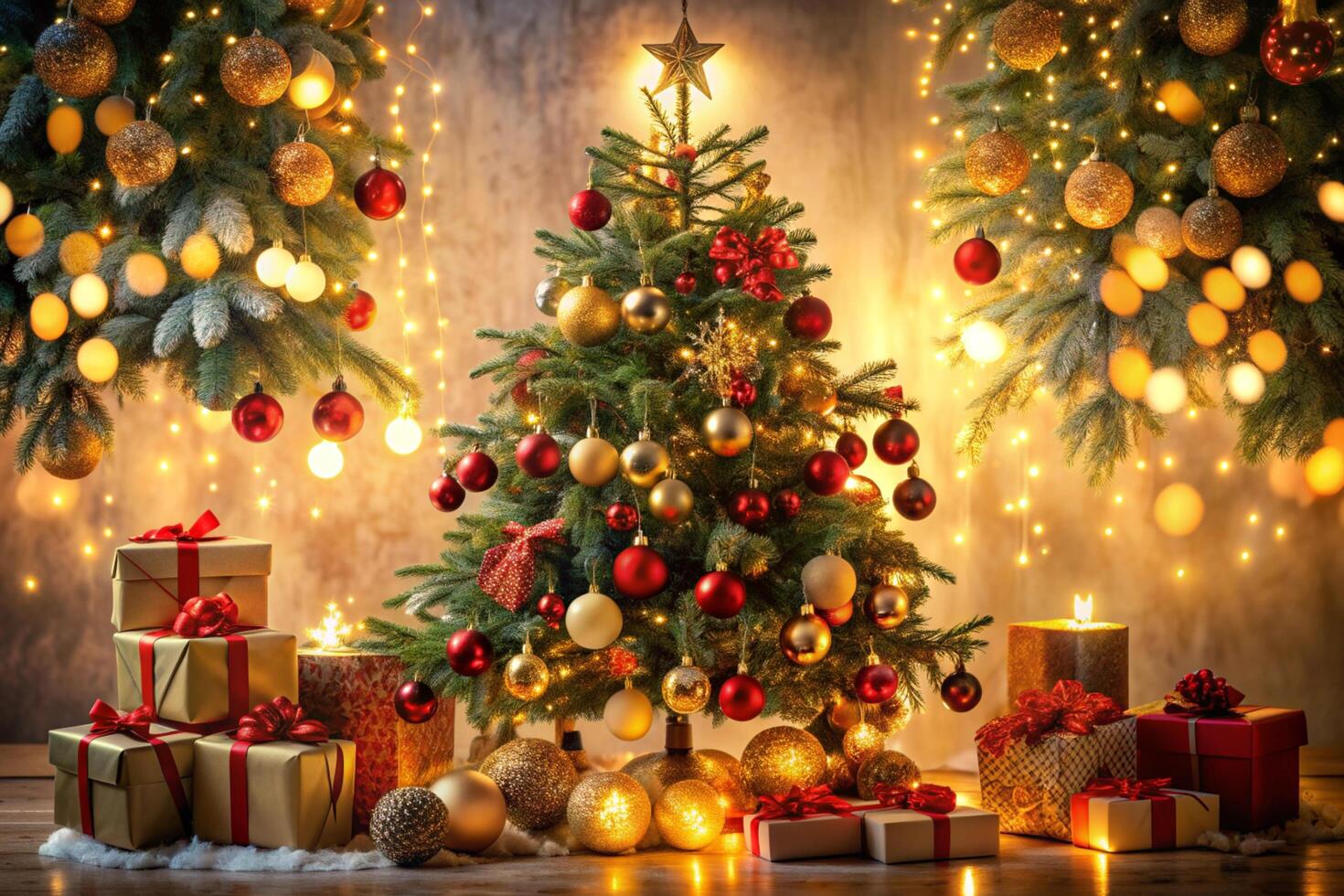 Christmas tree with presents and garlands photo