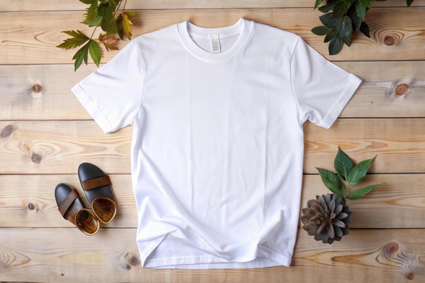 White t - shirt and shoes on wooden table photo
