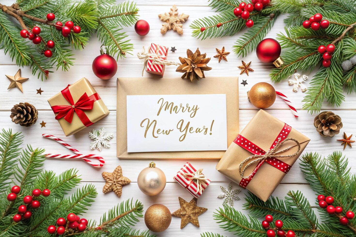 Merry christmas and new year greeting card with gifts and christmas decorations on white wooden background photo