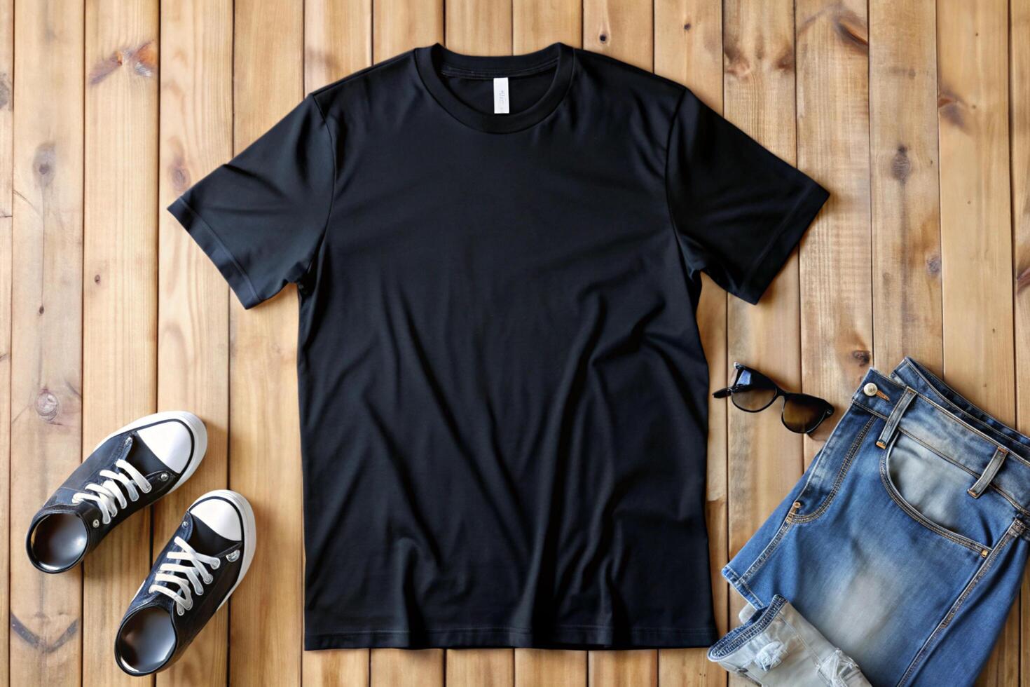 Black t - shirt, jeans and sneakers on wooden floor photo