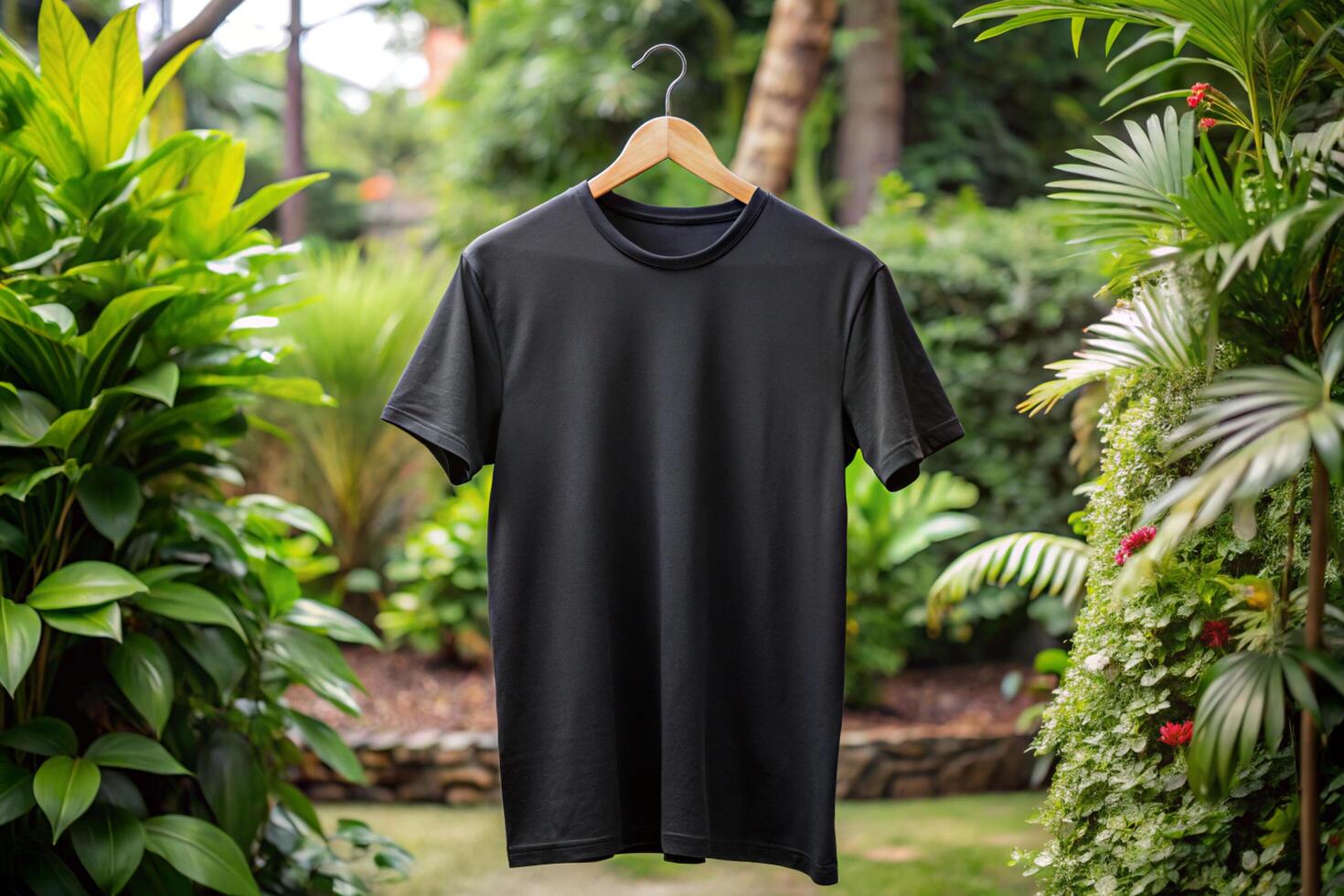 A black t - shirt hanging on a wooden hanger in a garden photo