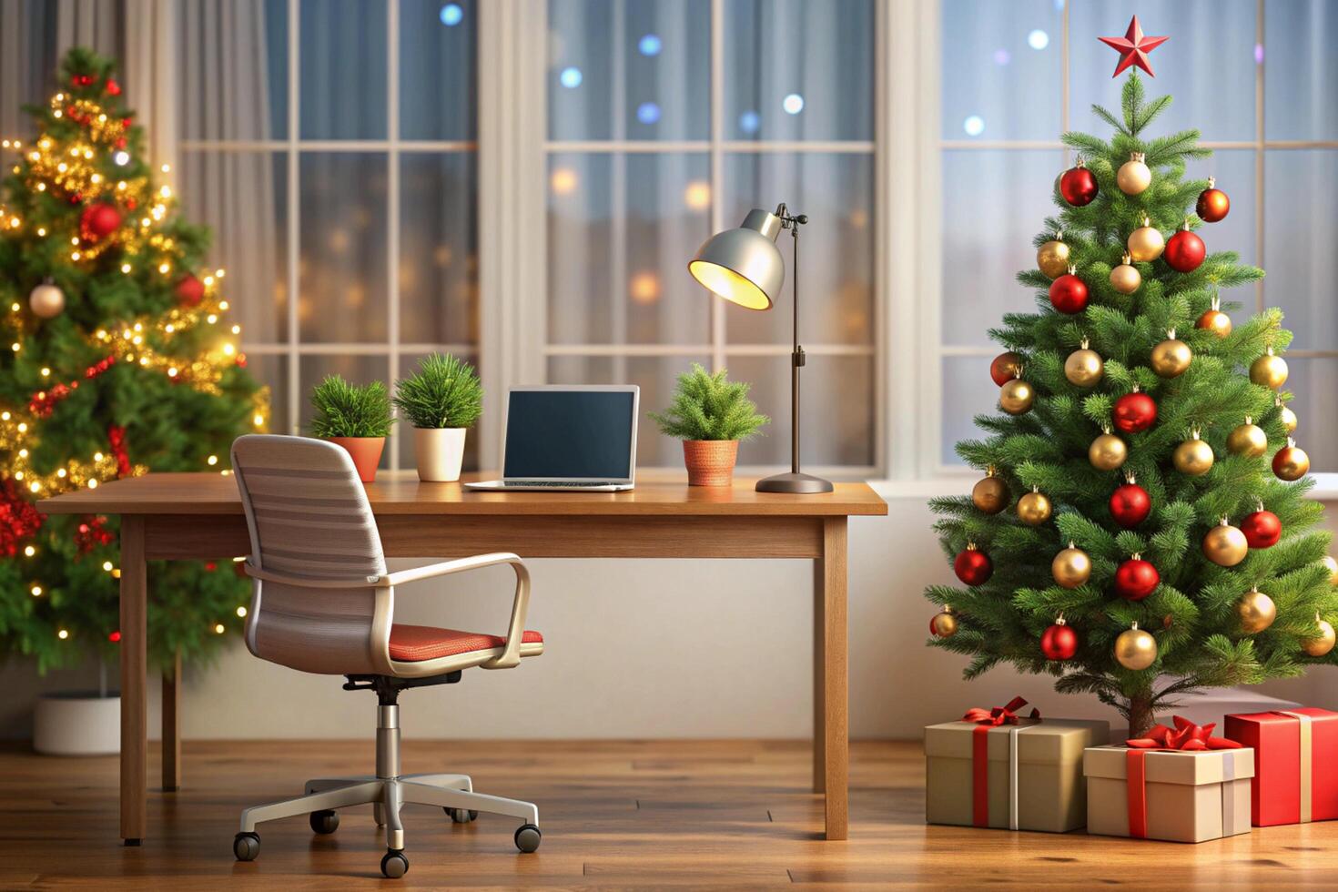 A desk with a laptop and christmas tree in front of it photo