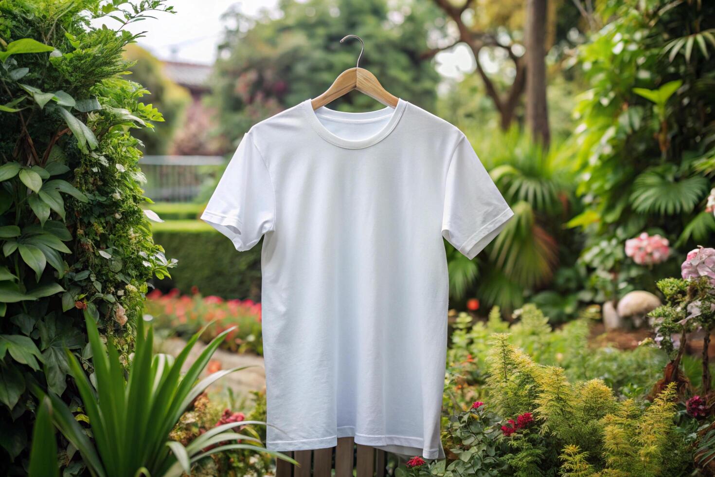 A white t - shirt hanging on a wooden hanger in a garden photo