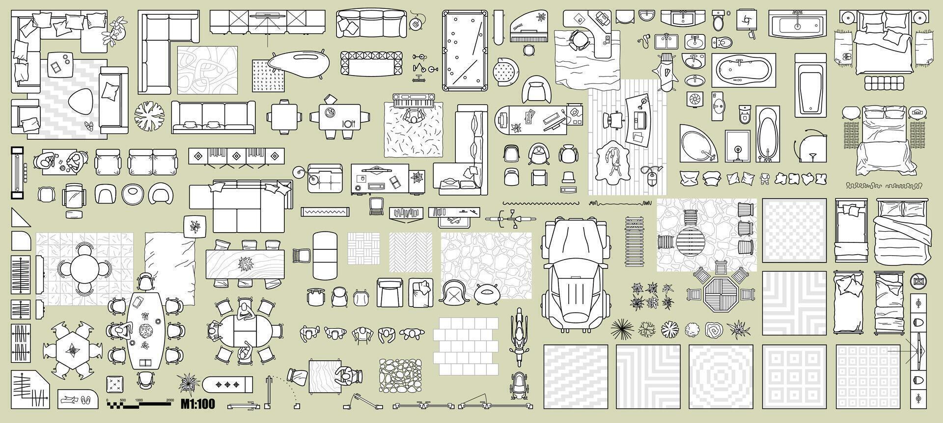 Floor plan icons set for design interior and architectural project view from above. Furniture thin line icon in top view for layout vector