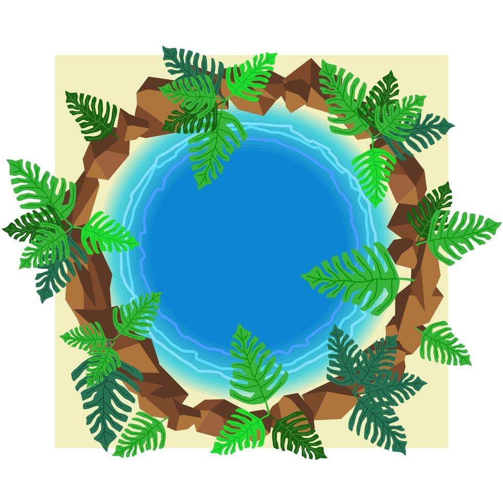 Small round pond with tropical plant and stones in top view. Decorative pool with leaves of monstera for architectural and landscape design plan, view from above vector