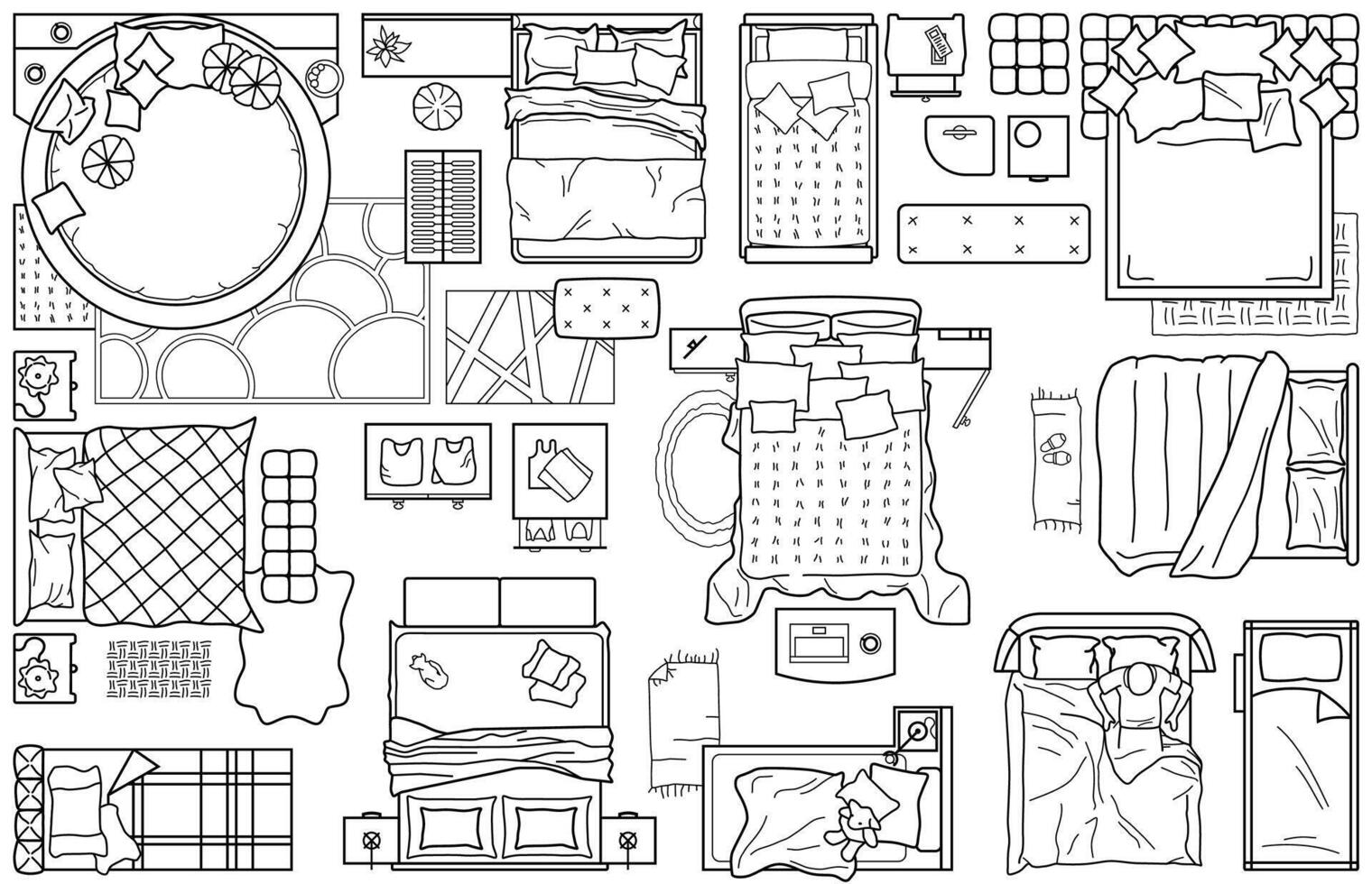 Set of furniture icons for the bedroom, top view. The layout plan of the apartment. Interior icon for floor plan. A set of beds sign and symbol plan of the bedroom design vector