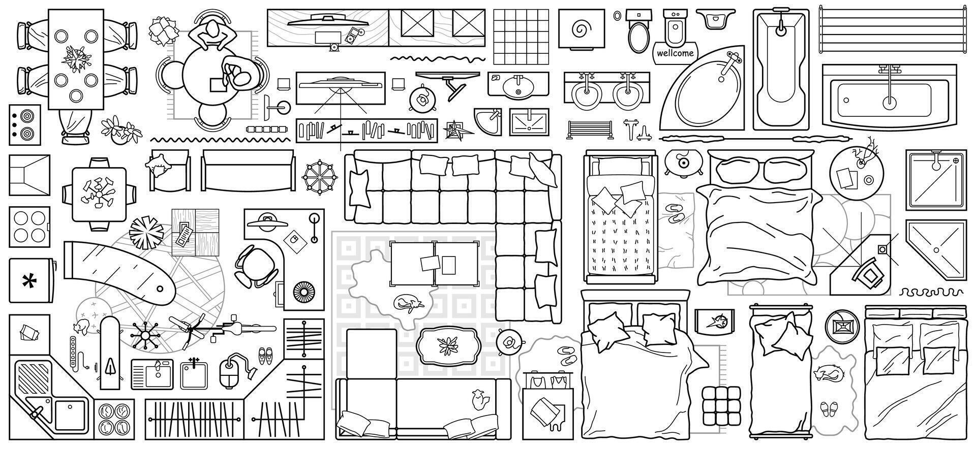Floor plan icon set in top view for interior design. Architecture plan with furniture View from above. The layout of the apartment, kitchen, living room and bedroom vector