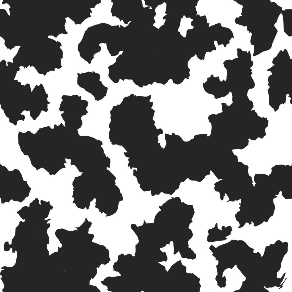 Cow skin texture, black and white spot repeated seamless pattern. Animal print dalmatian dog stains vector